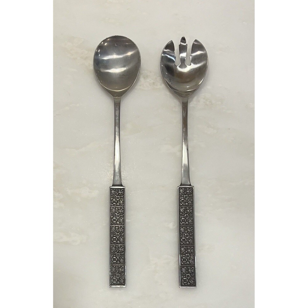 Salad Utensil Serving Set Stainless STANLEY ROBERTS 2 pc Fork Spoon Floral JAPAN